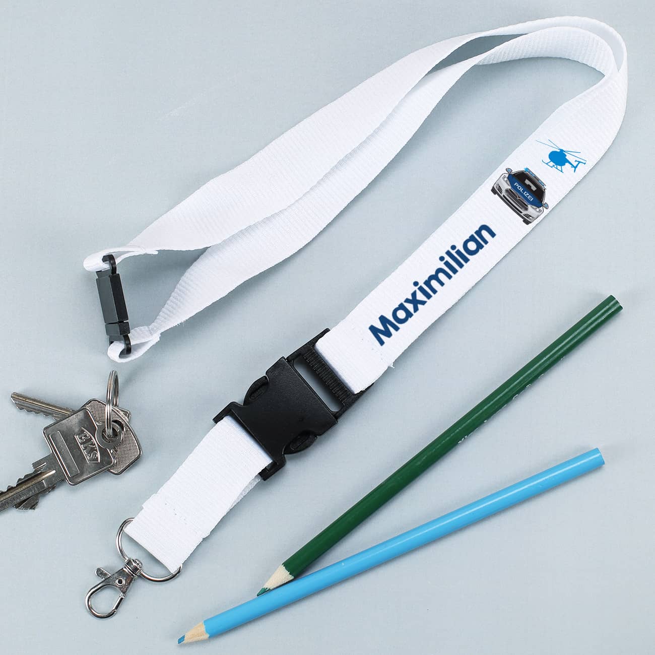 Schlüsselband mit Polizeiauto Motiv und Name