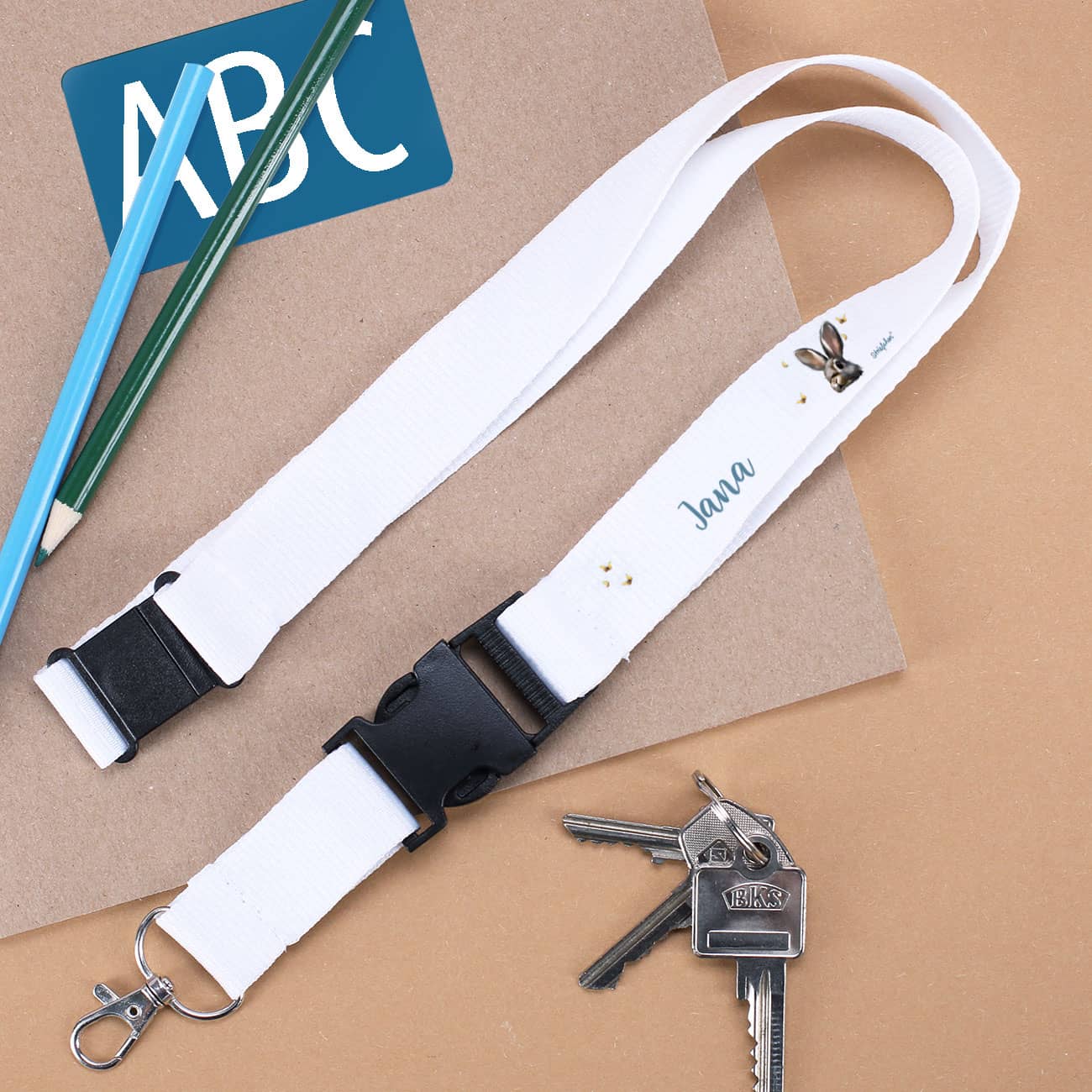 Schlüsselband mit Häschen und Name bedruckt