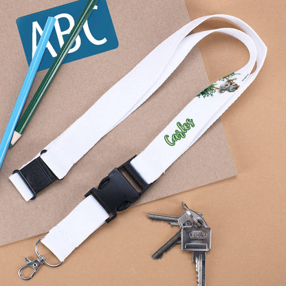 Weißes Schlüsselband mit kleinem Koala als Motiv und Wunschname