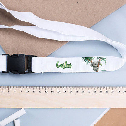 Weißes Schlüsselband mit kleinem Koala als Motiv und Wunschname