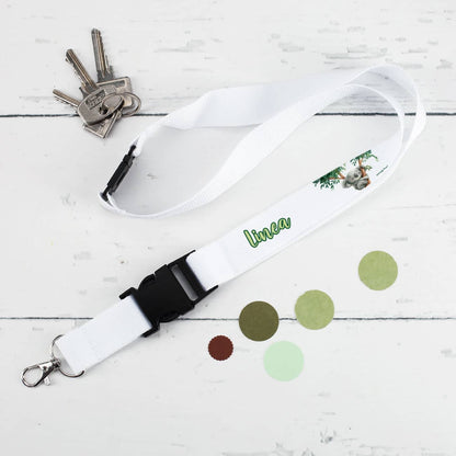 Weißes Schlüsselband mit kleinem Koala als Motiv und Wunschname