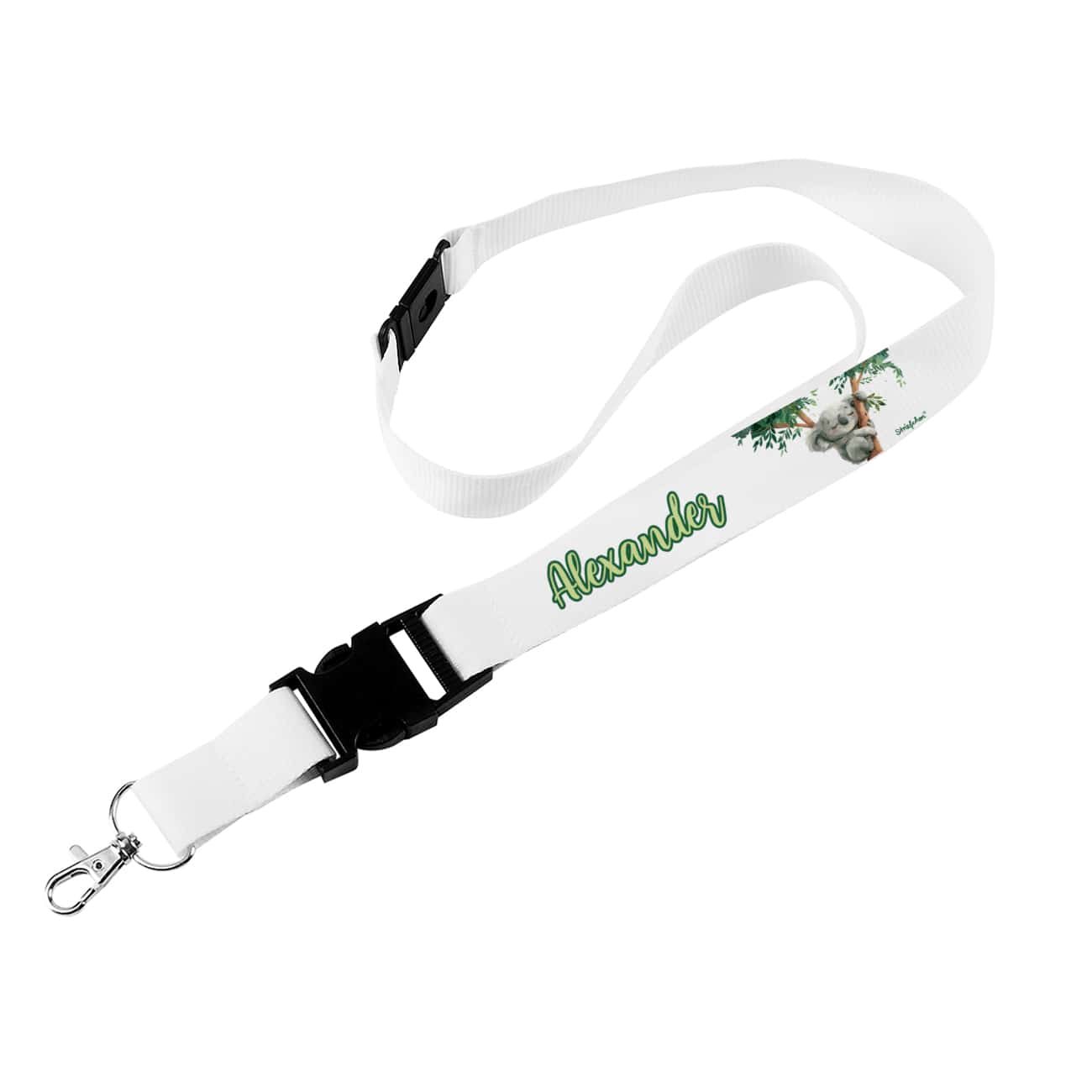 Weißes Schlüsselband mit kleinem Koala als Motiv und Wunschname
