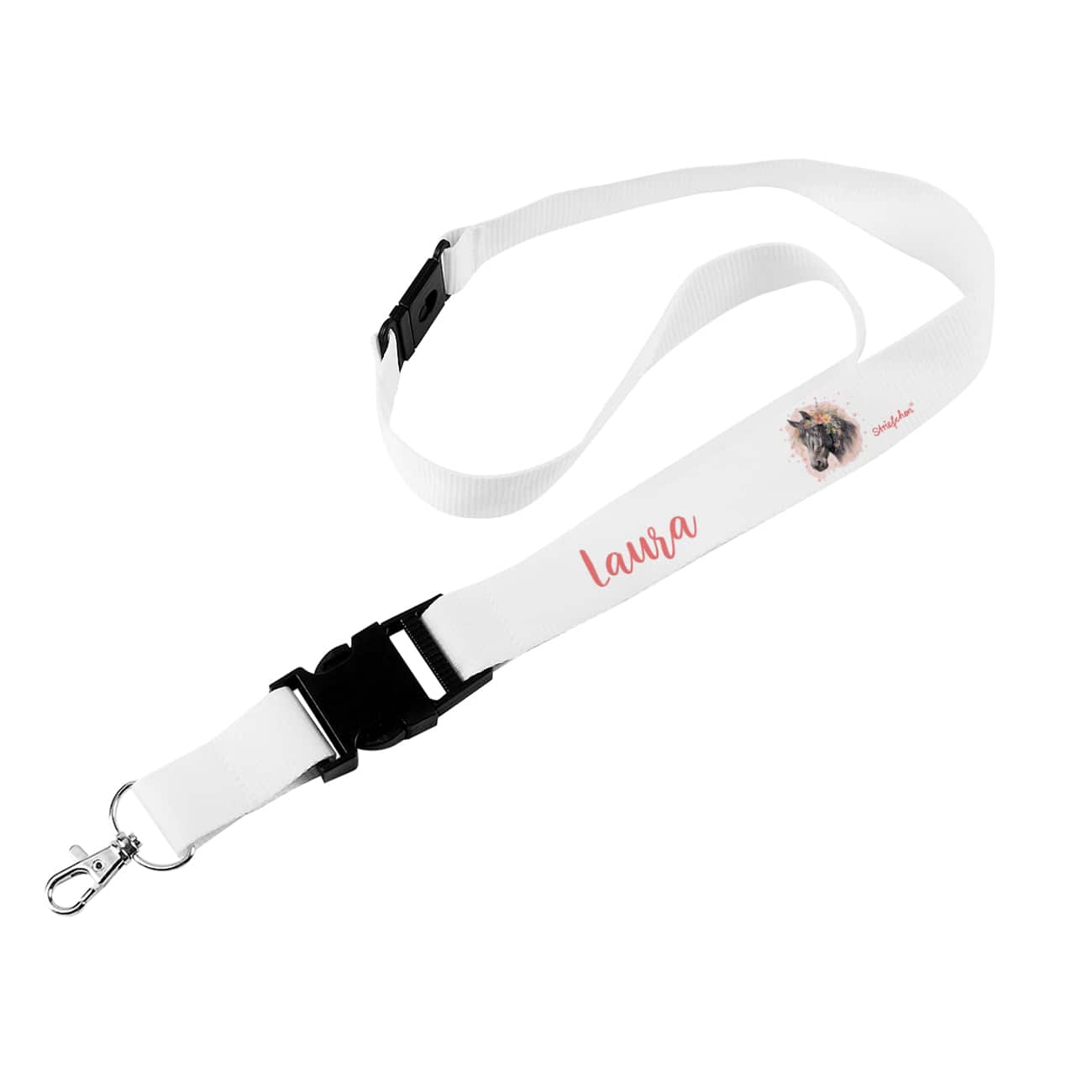 Weißes Schlüsselband mit niedlichem Pferdemotiv und Wunschname