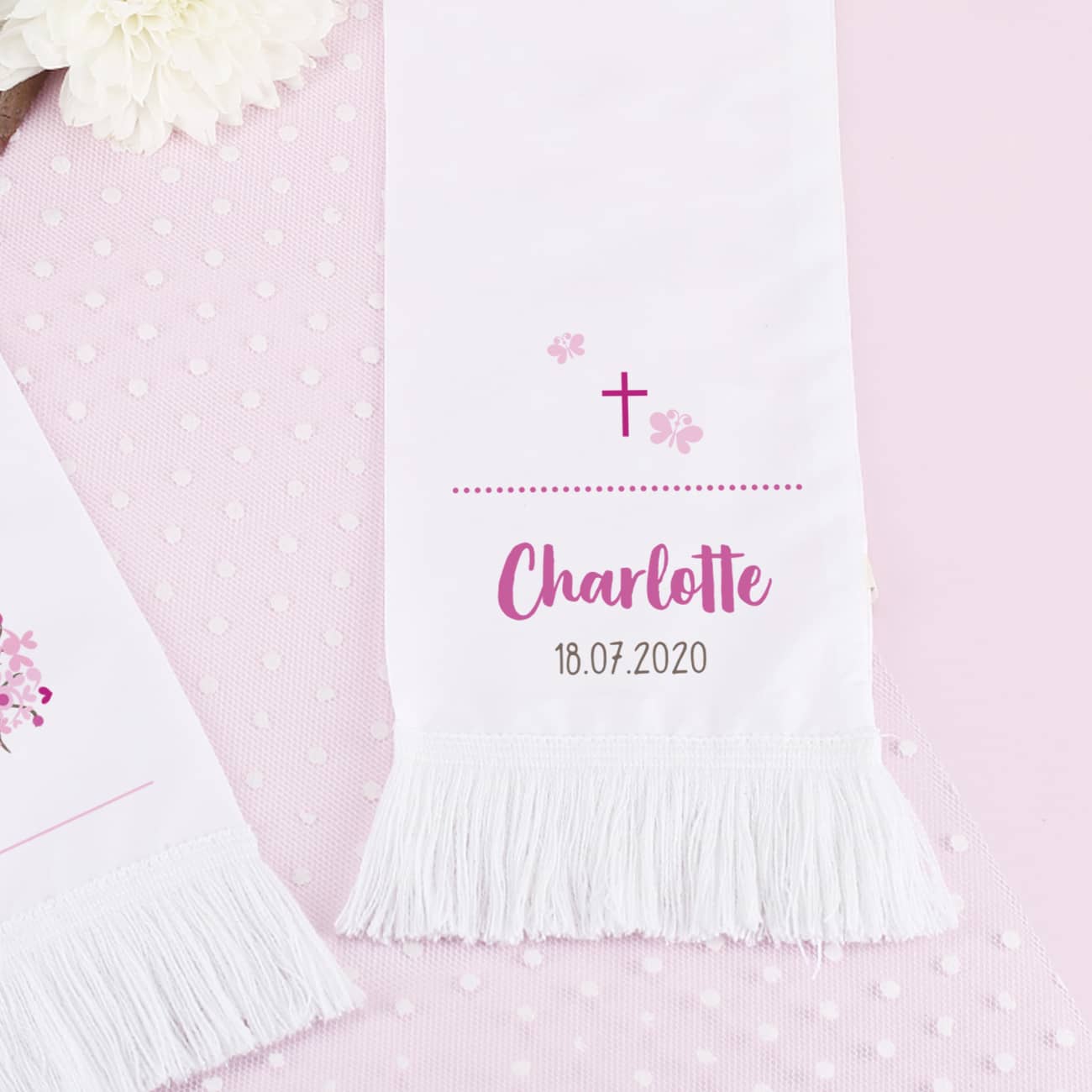 Taufschal mit Lebensbaum, Name und Datum bedruckt