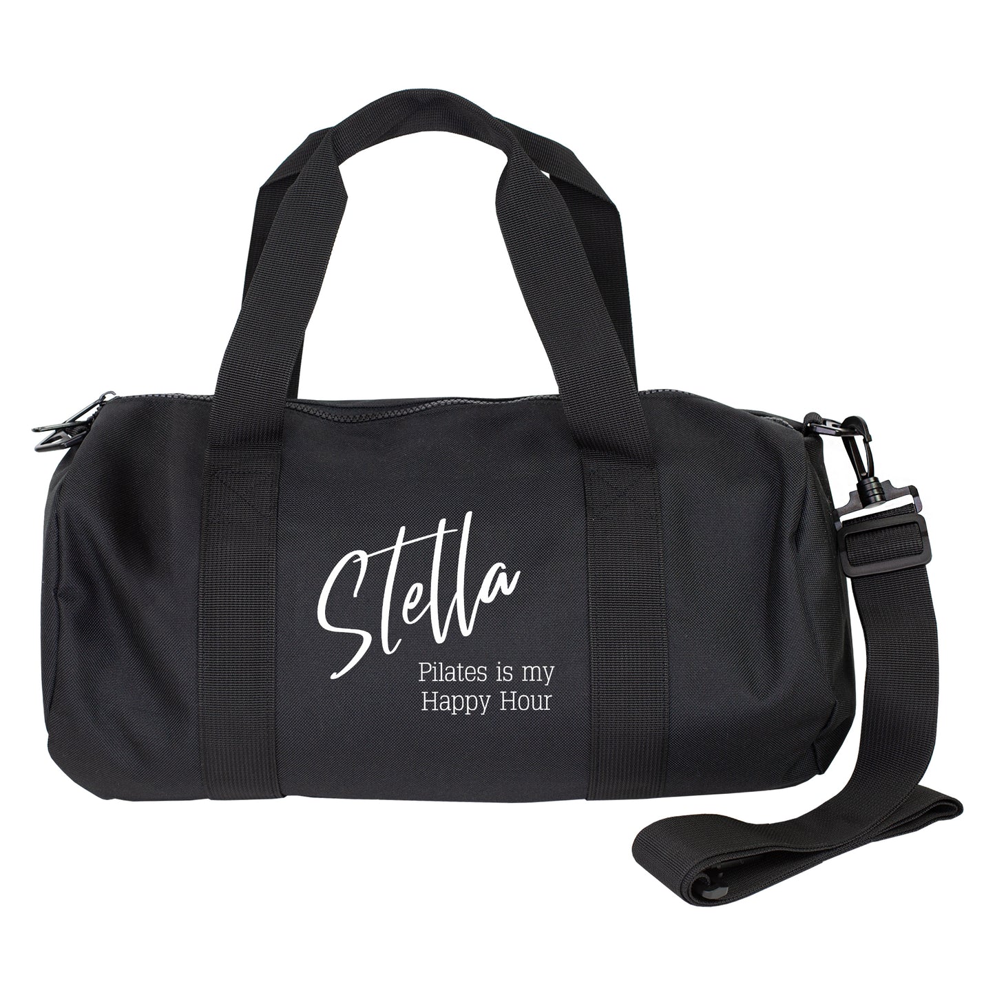 Personalisierte schwarze Sporttasche mit Name Stella und Wunschtext auf weißem Hintergrund als Produktansicht