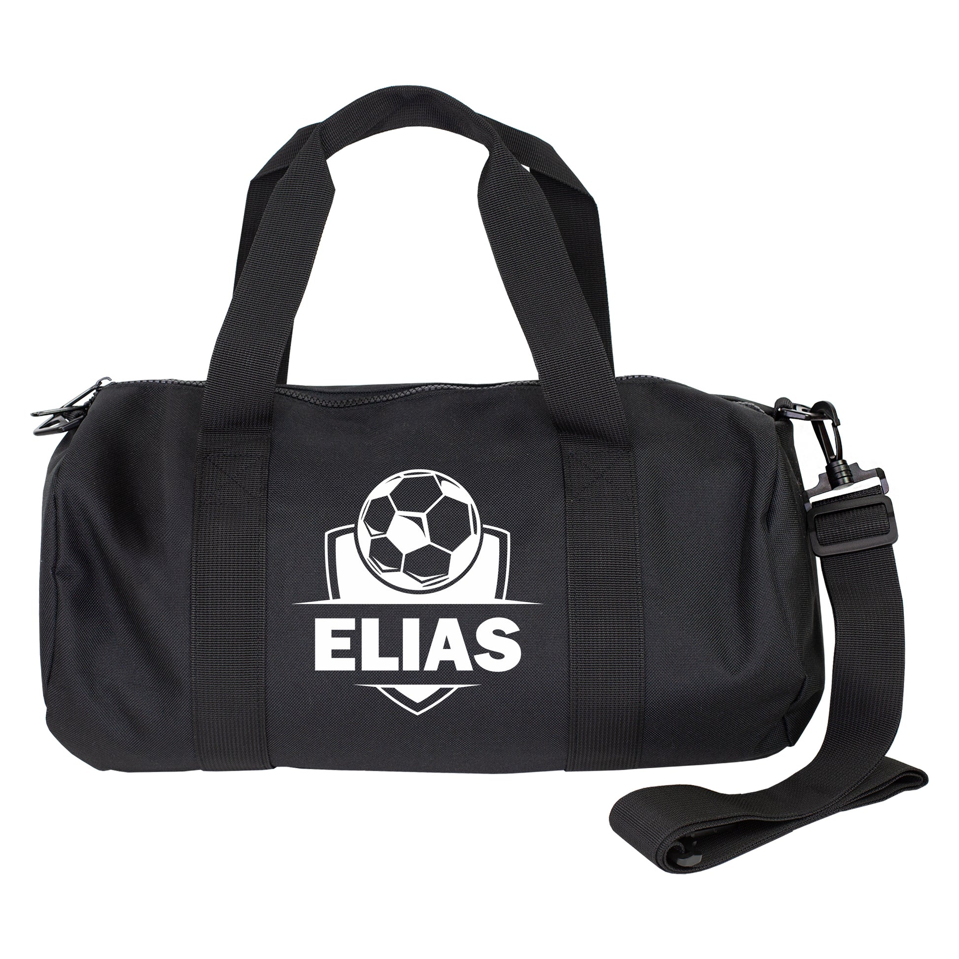 Schwarze Sporttasche mit Fußball-Emblem und Name Elias freigestellt