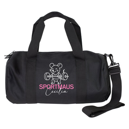 Schwarze Duffle Bag mit Sportmaus Aufdruck und Name Cecilia, Produktansicht auf weißem Hintergrund