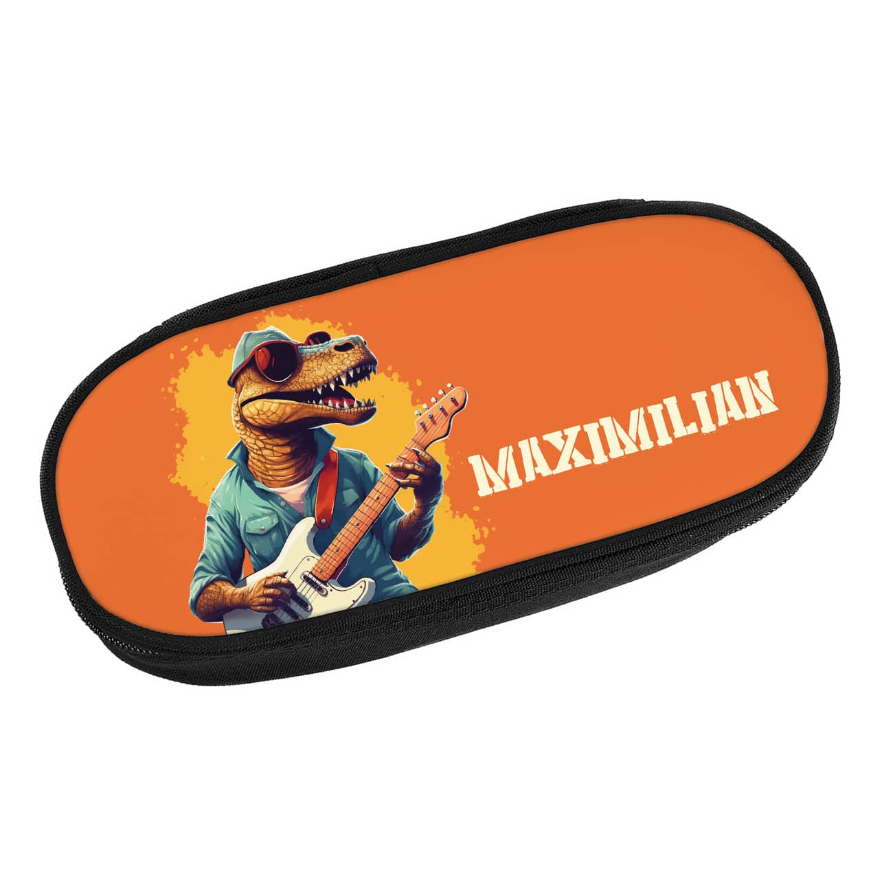 Bedruckte Stiftebox mit rockenden T-Rex und einem Namen Ihrer Wahl