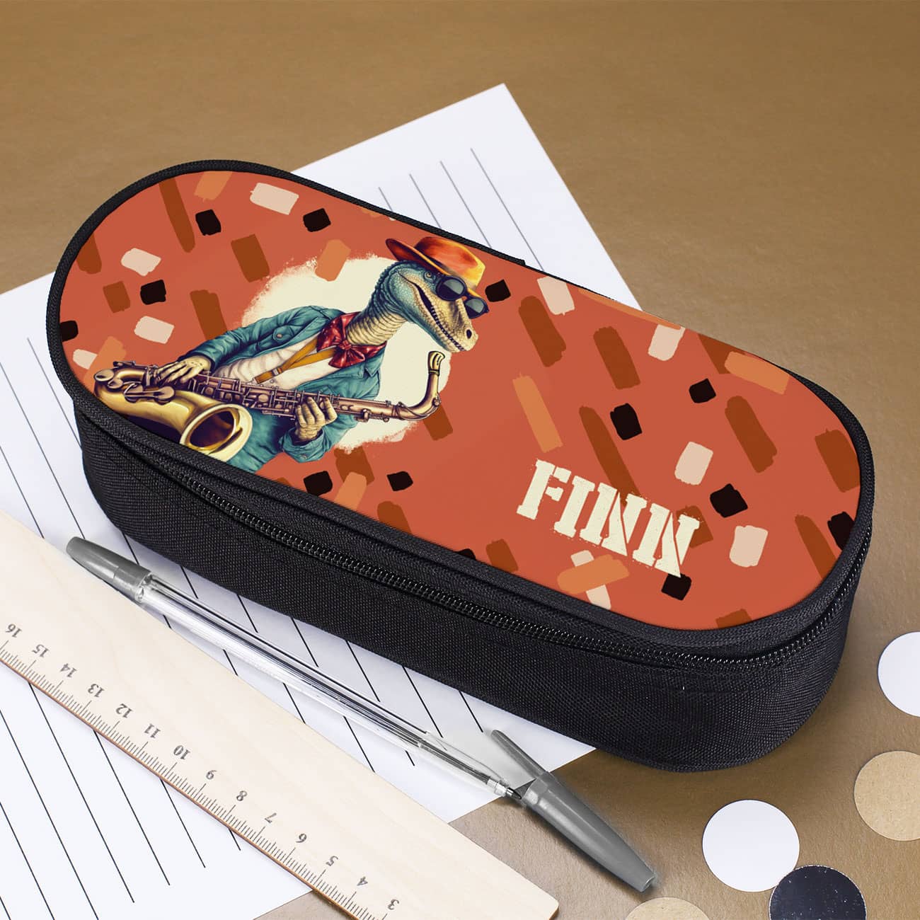 Tolle Federmappe mit Jazz-Dinosaurier am Saxofon und Ihrem Wunschnamen