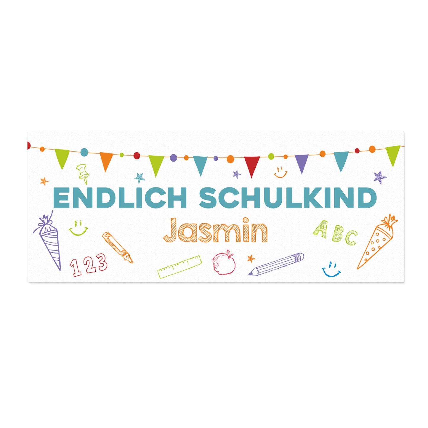 Freigestellter kleiner Tischläufer „Endlich Schulkind“ mit bunten Schulmotiven