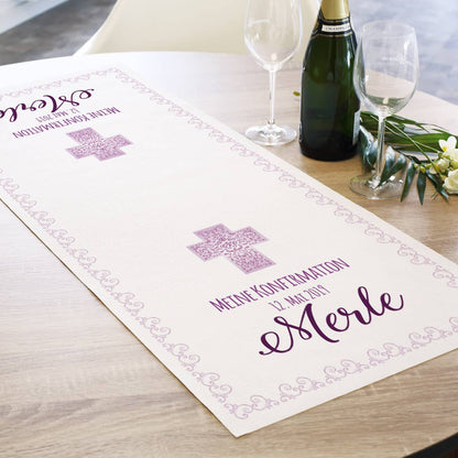 Tischläufer zur Kommunion, Konfirmation oder Taufe, in lila