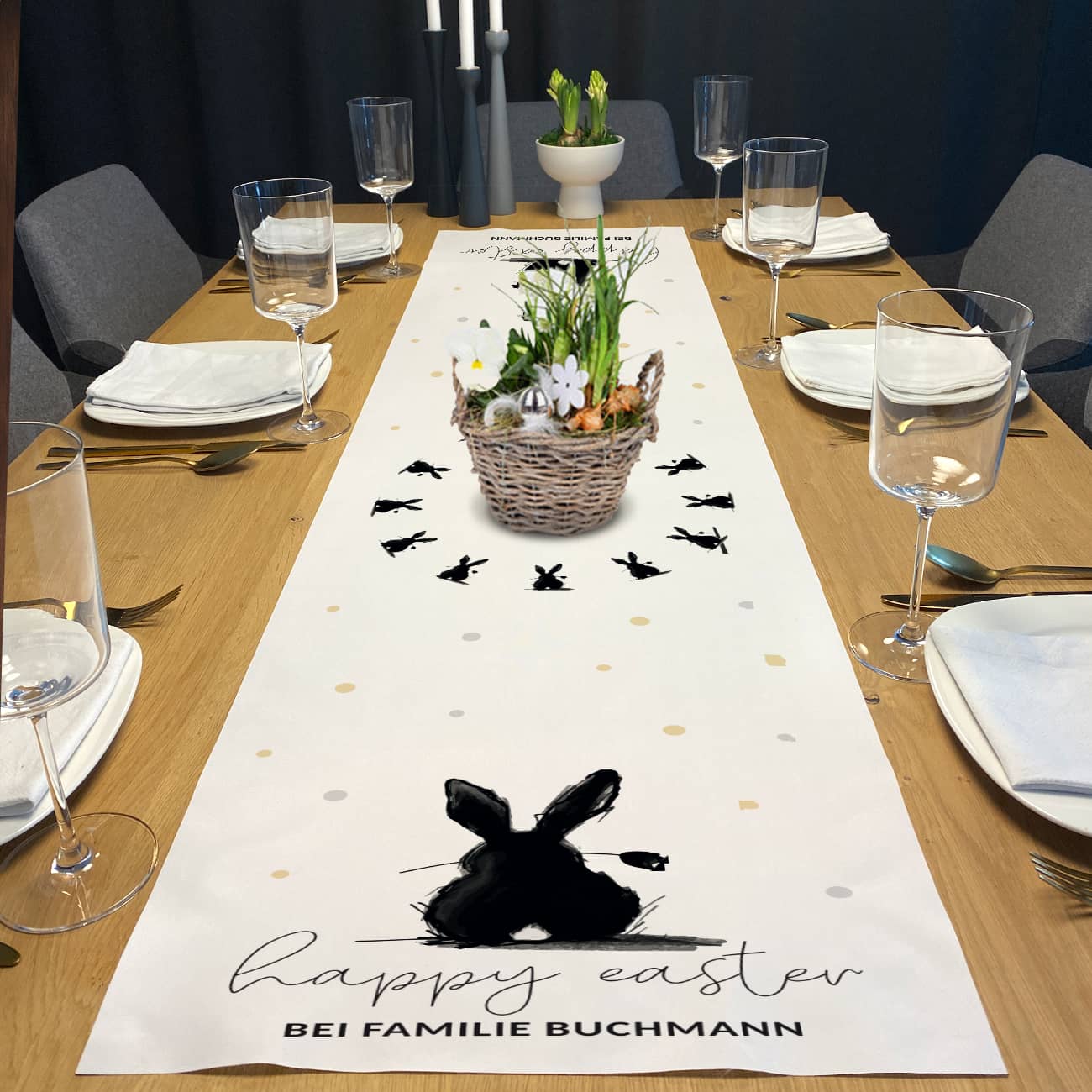 Happy Easter - Tischläufer mit Hase und Wunschtext 150 x 40 cm