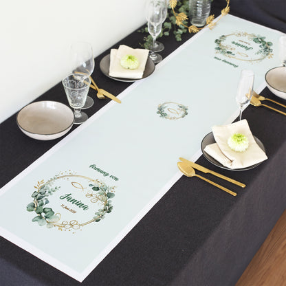 Personalisierter Tischläufer zur Firmung mit Eukalyptusmotiv Name und Datum