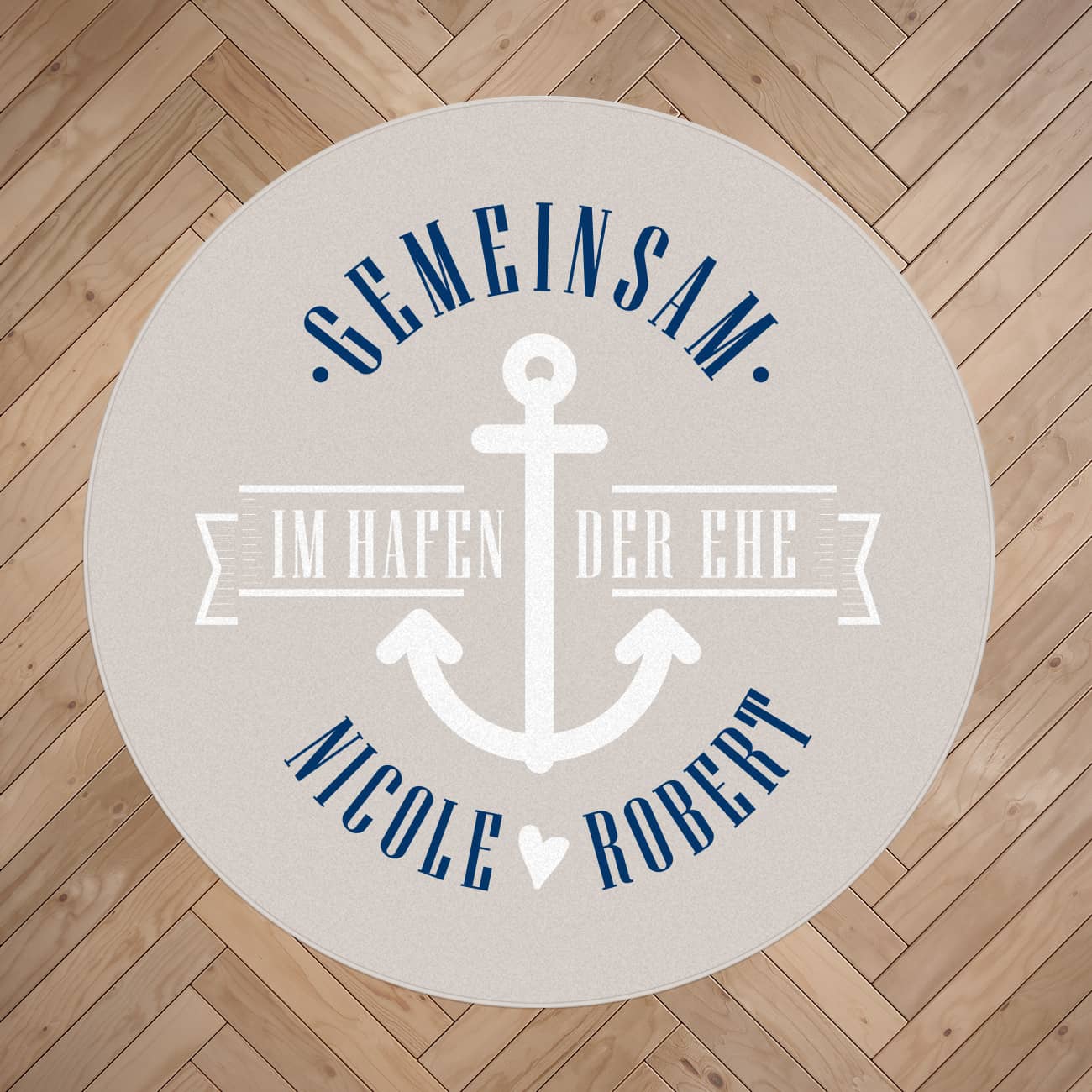 Teppich "Gemeinsam im Hafen der Ehe" mit Namen des Brautpaares personalisiert