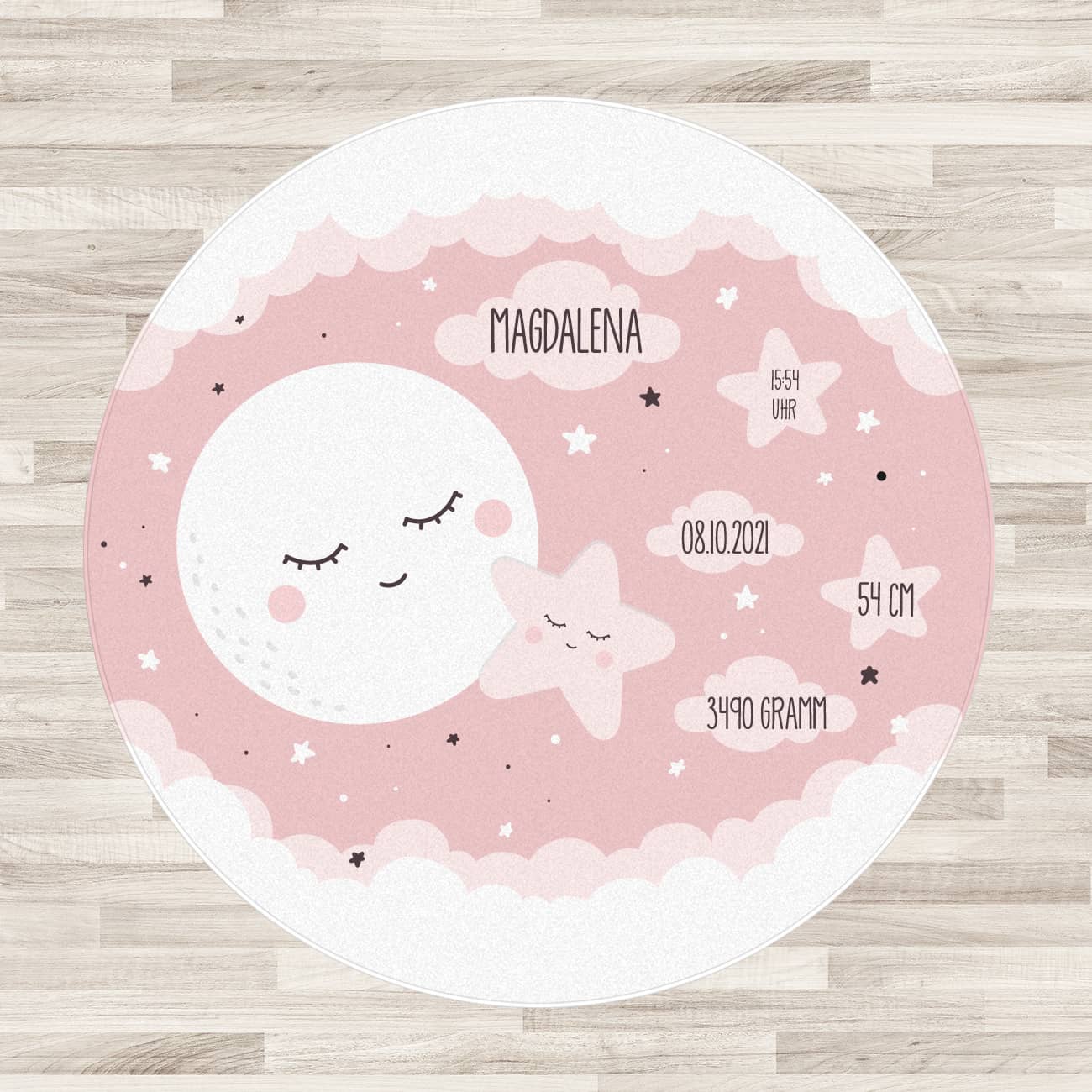 Teppich zur Geburt bedruckt mit Name, Uhrzeit, Datum, Größe und Gewicht