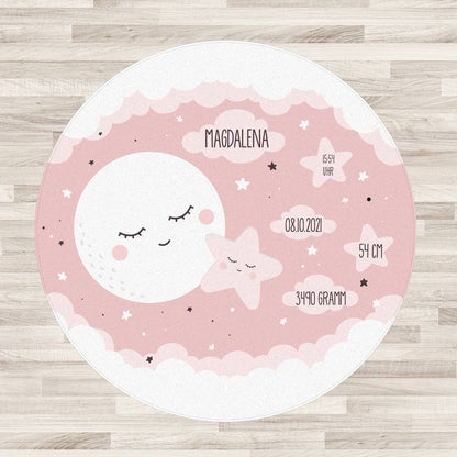 Teppich zur Geburt bedruckt mit Name, Uhrzeit, Datum, Größe und Gewicht
