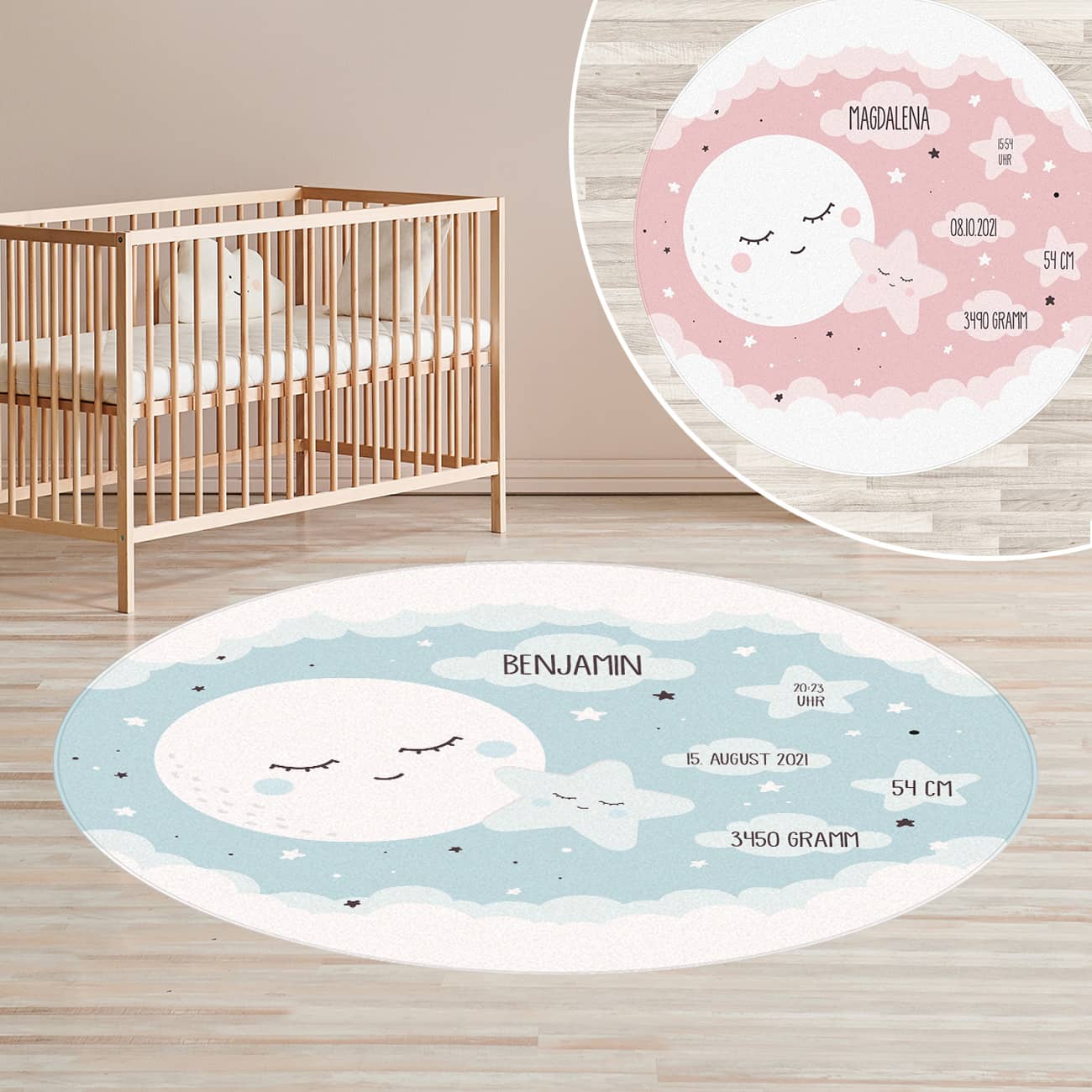Kinderteppich zur Geburt in Rosa oder Blau
