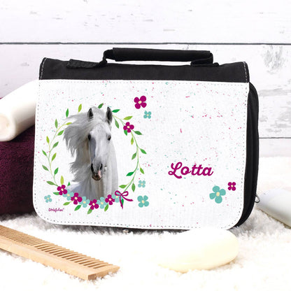 Kulturtasche mit Pferde, Blumen, Blättern und Name