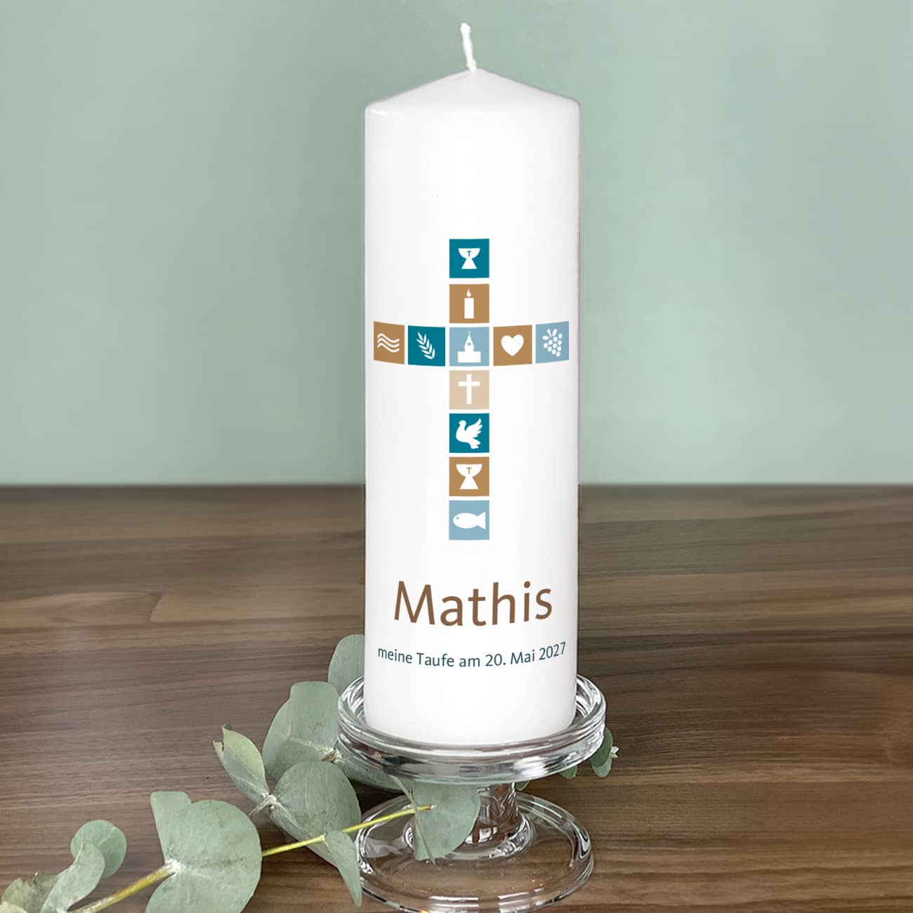 Kerze Taufe mit Name, Wunschtext sowie Kreuz in blau und braun, 25 x 8 cm