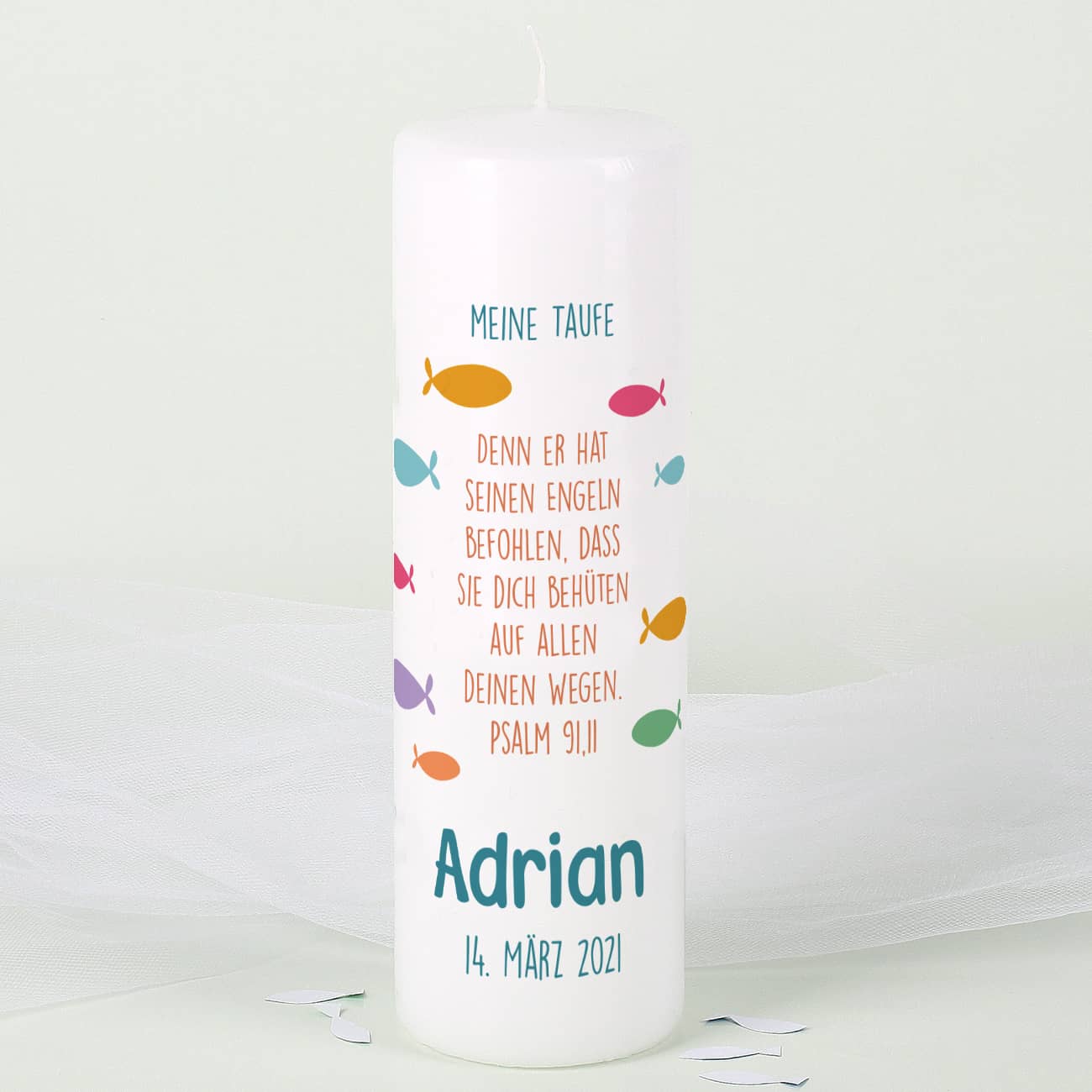 Kerze zur Taufe mit bunten Fischen für Mädchen und Jungen