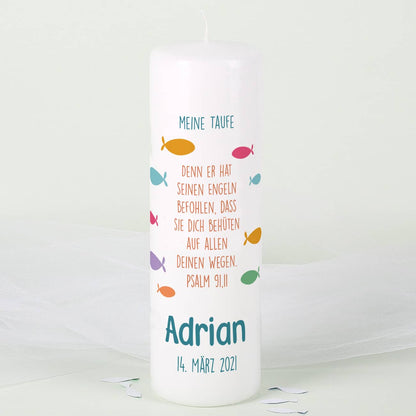 Kerze zur Taufe mit bunten Fischen für Mädchen und Jungen