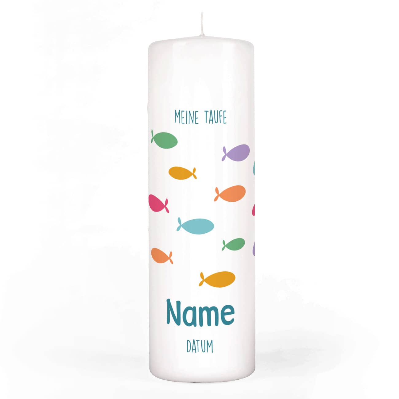 Taufkerze mit bunten Fischen