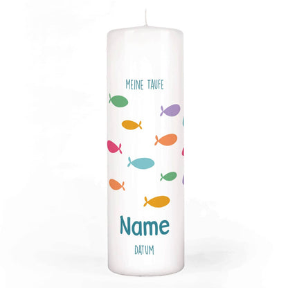 Taufkerze mit bunten Fischen