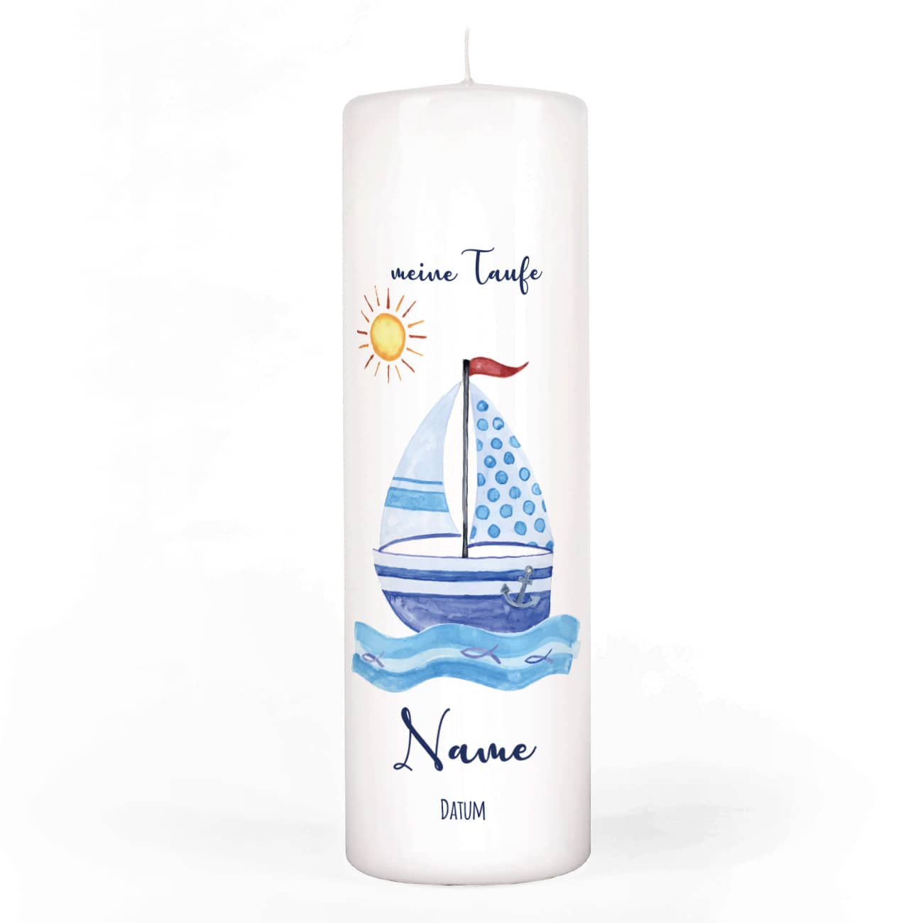 Taufkerze mit Segelboot, Fischen, Anker, Sonne, Wunschtext