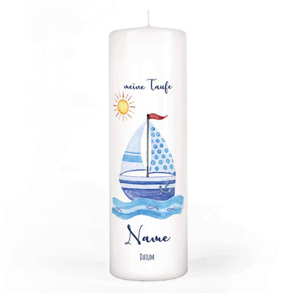 Taufkerze mit Segelboot, Fischen, Anker, Sonne, Wunschtext
