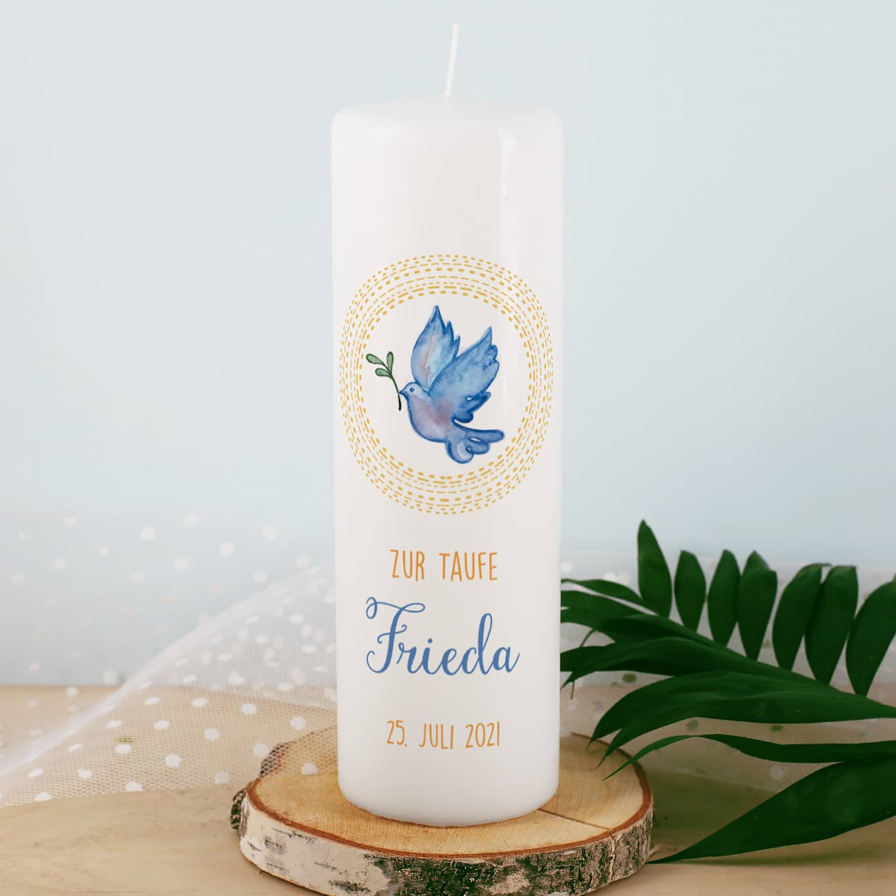 Taufkerze mit Taube Name, Datum und Taufspruch