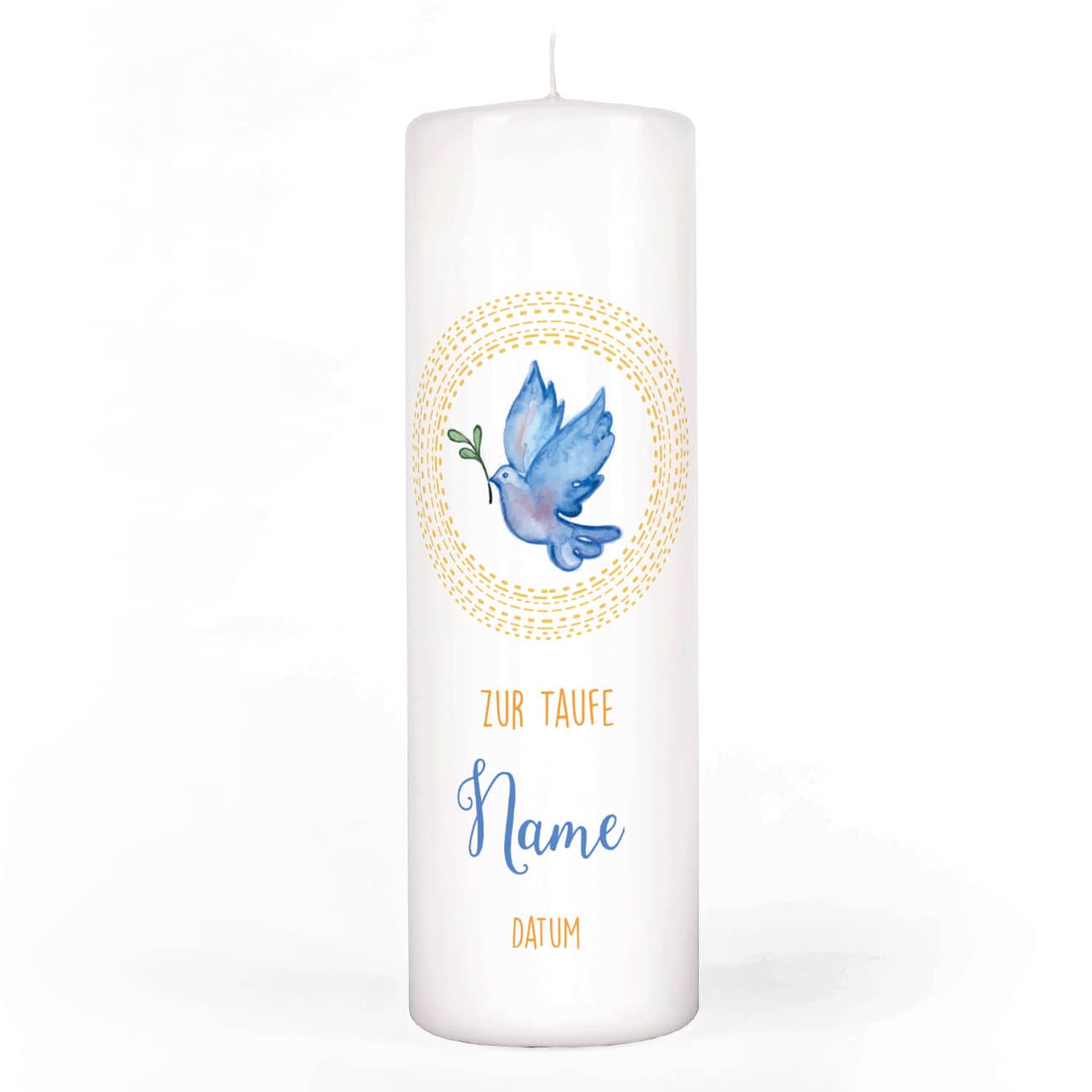 Kerze zur Taufe mit Taube Name, Datum und Taufspruch