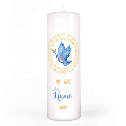 Kerze zur Taufe mit Taube Name, Datum und Taufspruch