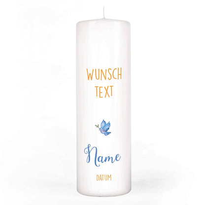 Kerze zur Taufe mit Taube und Oelzweig