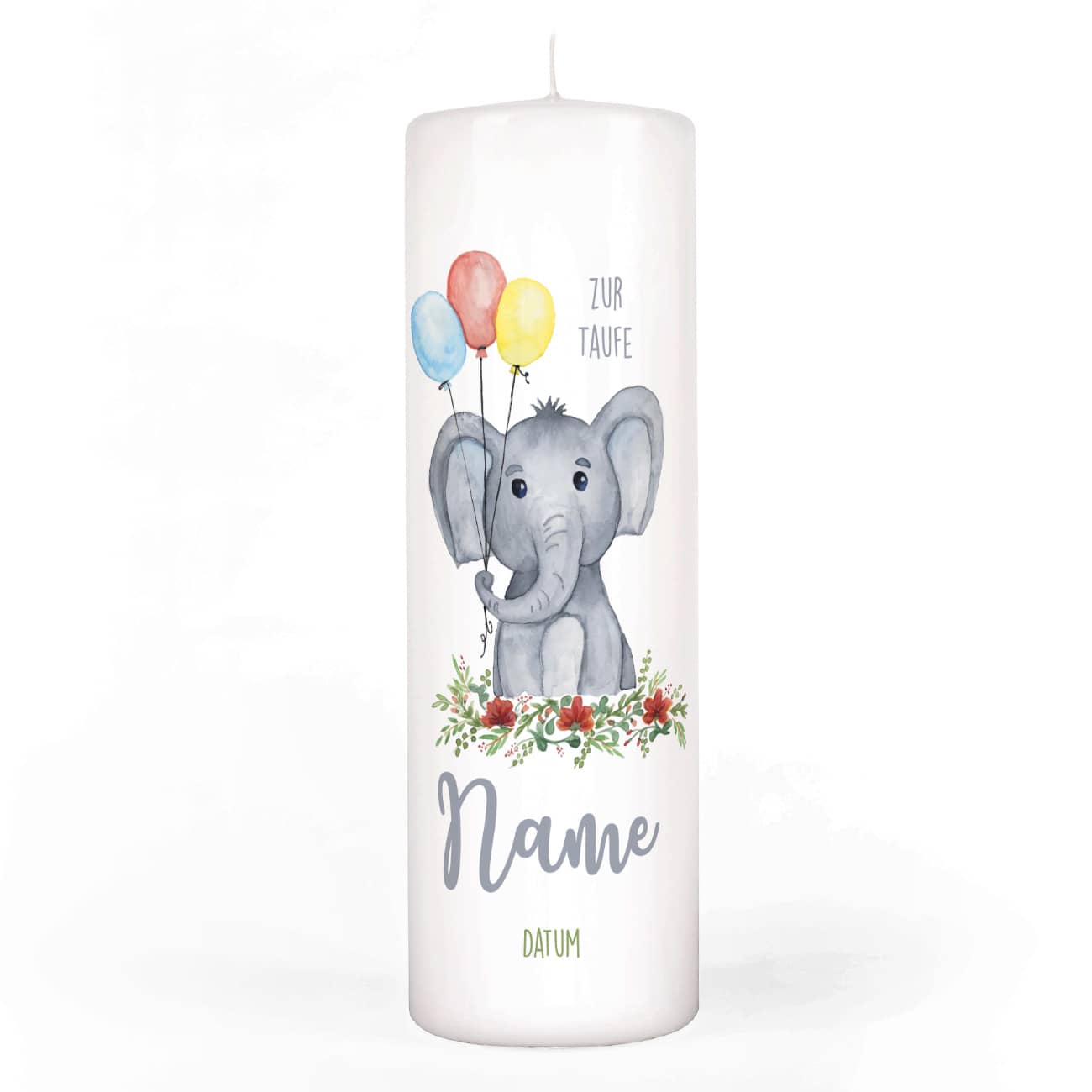 Taufkerze mit Watercolor Elefant, Name, Datum und Taufspruch