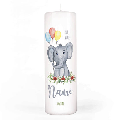 Taufkerze mit Watercolor Elefant, Name, Datum und Taufspruch