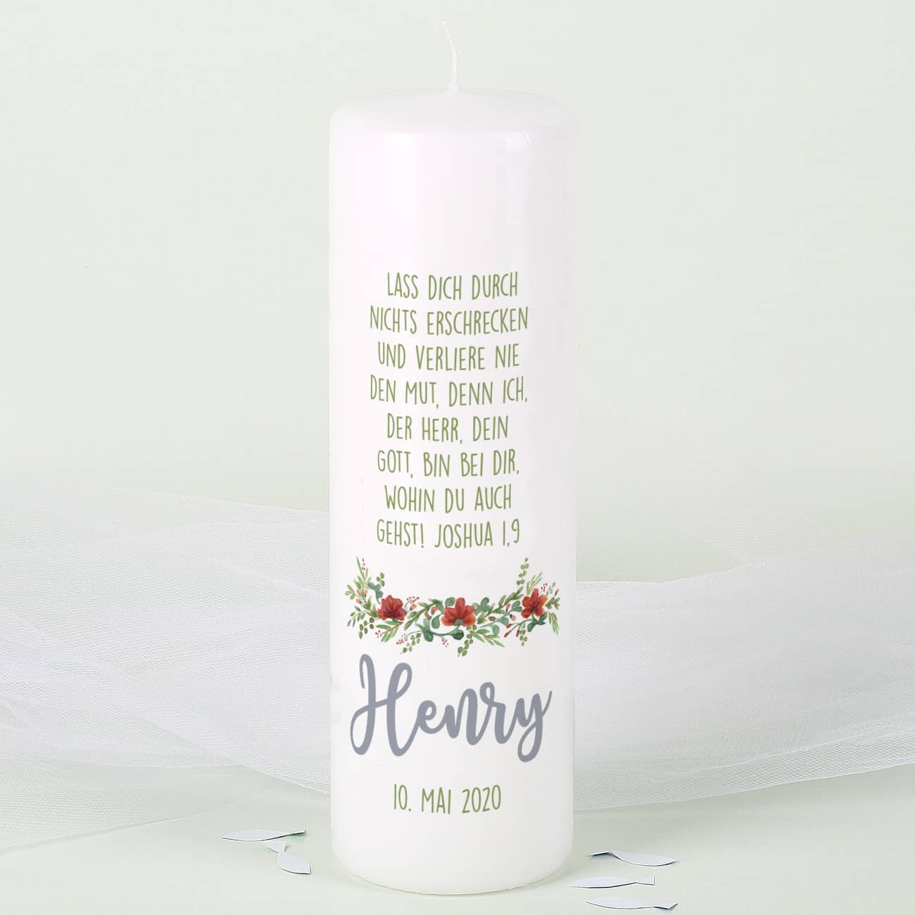 Taufkerze mit Elefant, Blüten, Luftballons sowie Name, Datum und Taufspruch