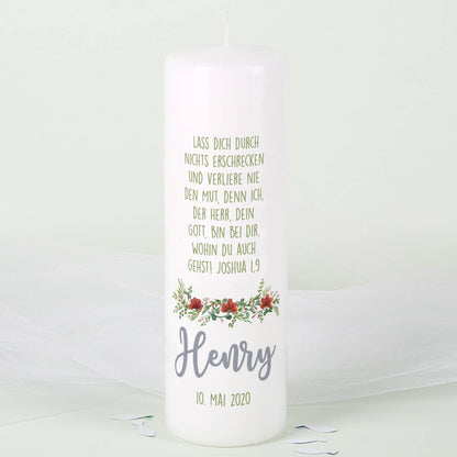 Taufkerze mit Elefant, Blüten, Luftballons sowie Name, Datum und Taufspruch