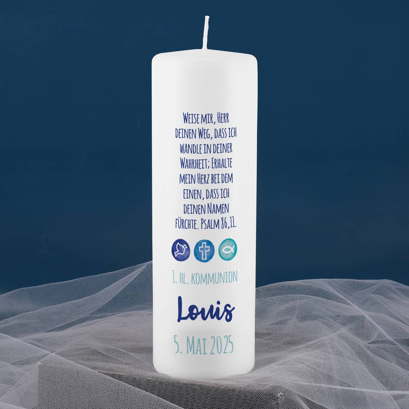Kommunionkerze in Blau - Liebe, Hoffnung, Glaube mit Name und Datum