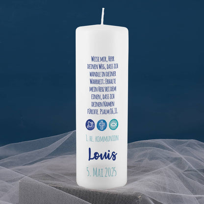 Kommunionkerze in Blau - Liebe, Hoffnung, Glaube mit Name und Datum