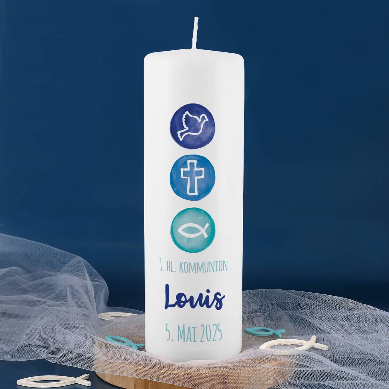 Kommunionkerze in Blau - Liebe, Hoffnung, Glaube