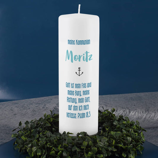 Kommunionkerze mit Papierboot, Anker, Name, Datum, Psalm