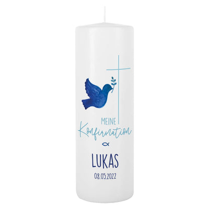 Kerze zur Konfirmation mit Kreuz, Taube und Fisch in blau