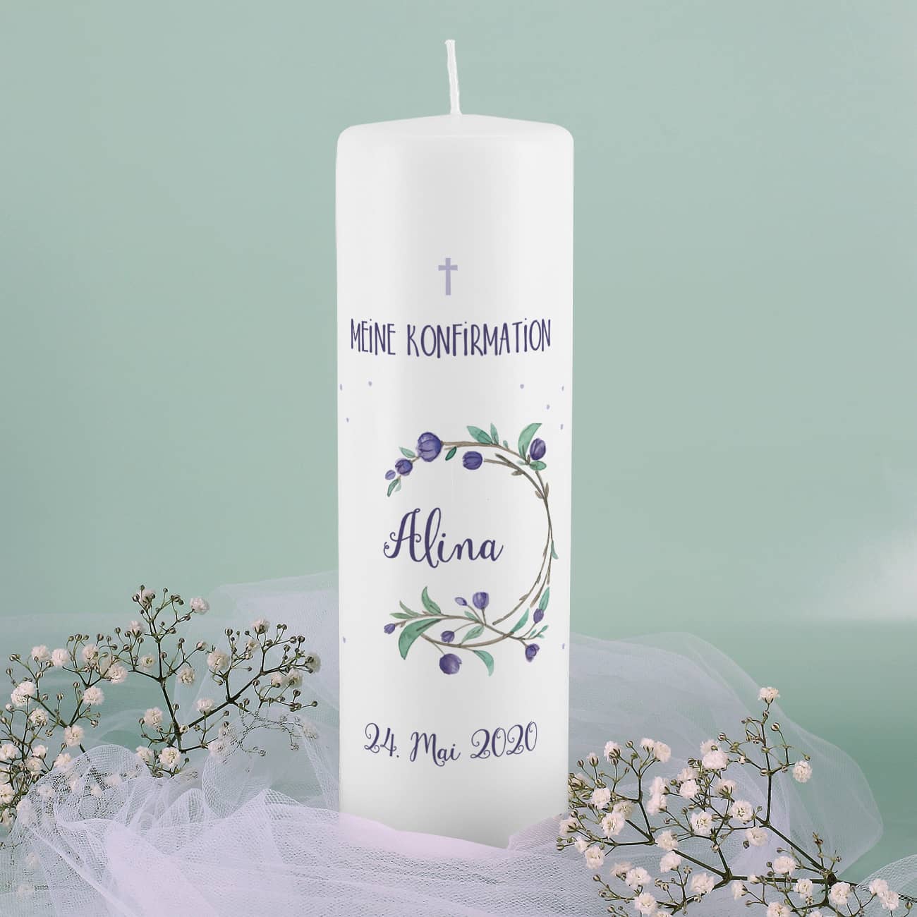 Konfirmationskerze Blütenkranz mit Name, Datum und Wunschtext