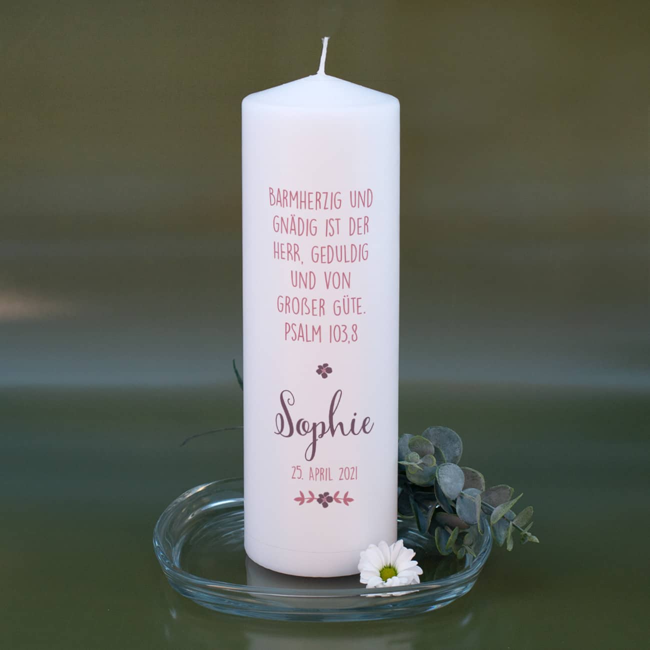 Konfirmationskerze für Mädchen mit Foto, Name, Datum und Wunschtext