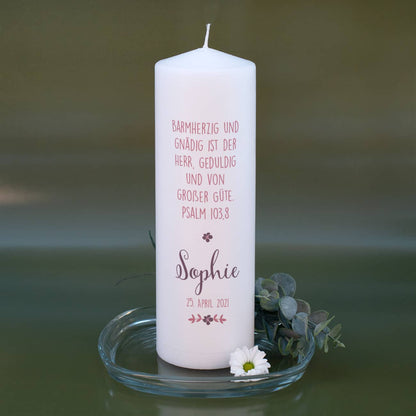 Konfirmationskerze für Mädchen mit Foto, Name, Datum und Wunschtext