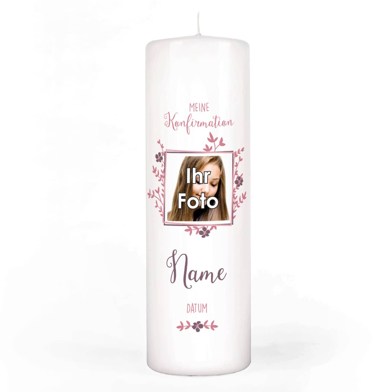 Konfirmationskerze mit Foto, Name, Datum, Wunschtext für Mädchen