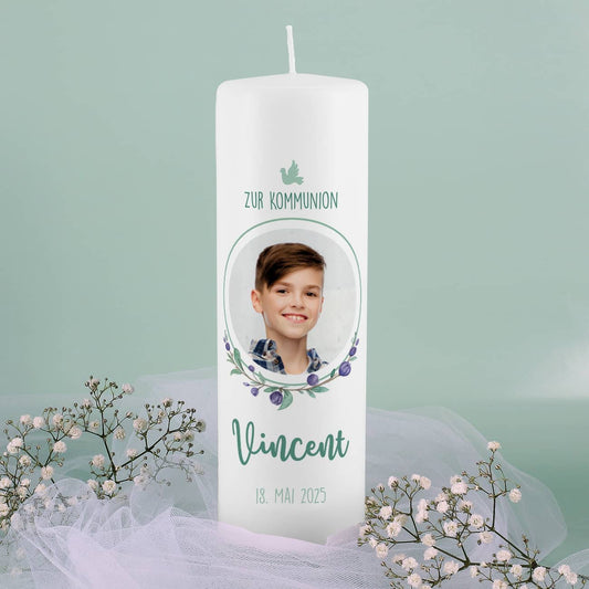 Kommunionkerze mit Foto, Name, Datum und Wunschtext