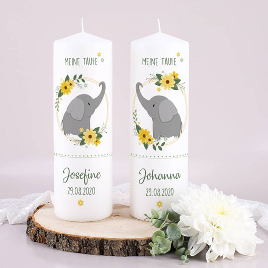 Taufkerzen im Set für Zwillinge mit süßem Elefantenmotiv