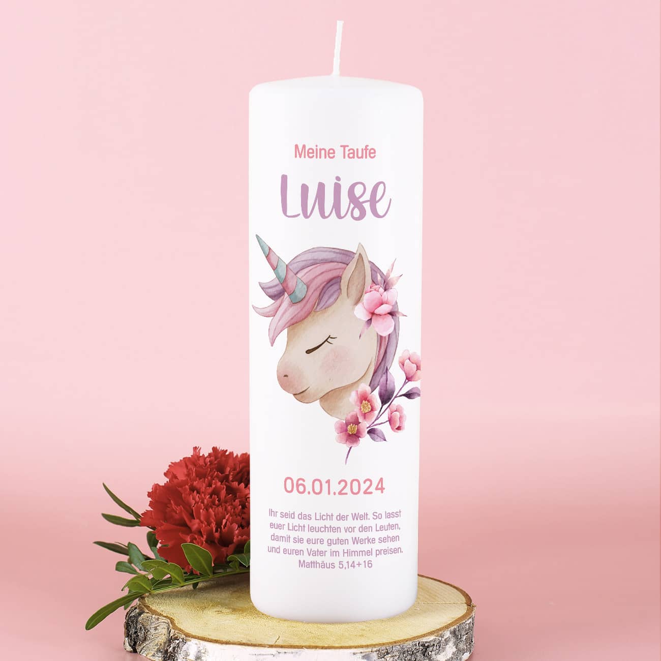 Taufkerze mit Einhorn als Motiv