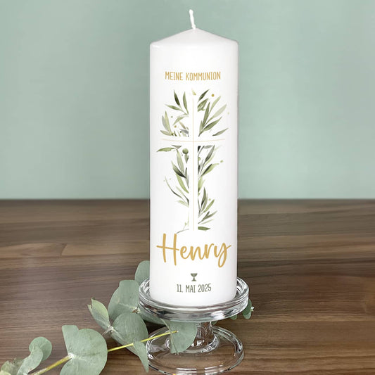 Kerze mit Ölzweig in Form eines Kreuzes zur Taufe, Kommunion, Konfirmation